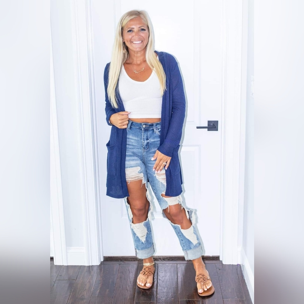 Bonnie Waffle.Knit Cardigan With Pockets Navy